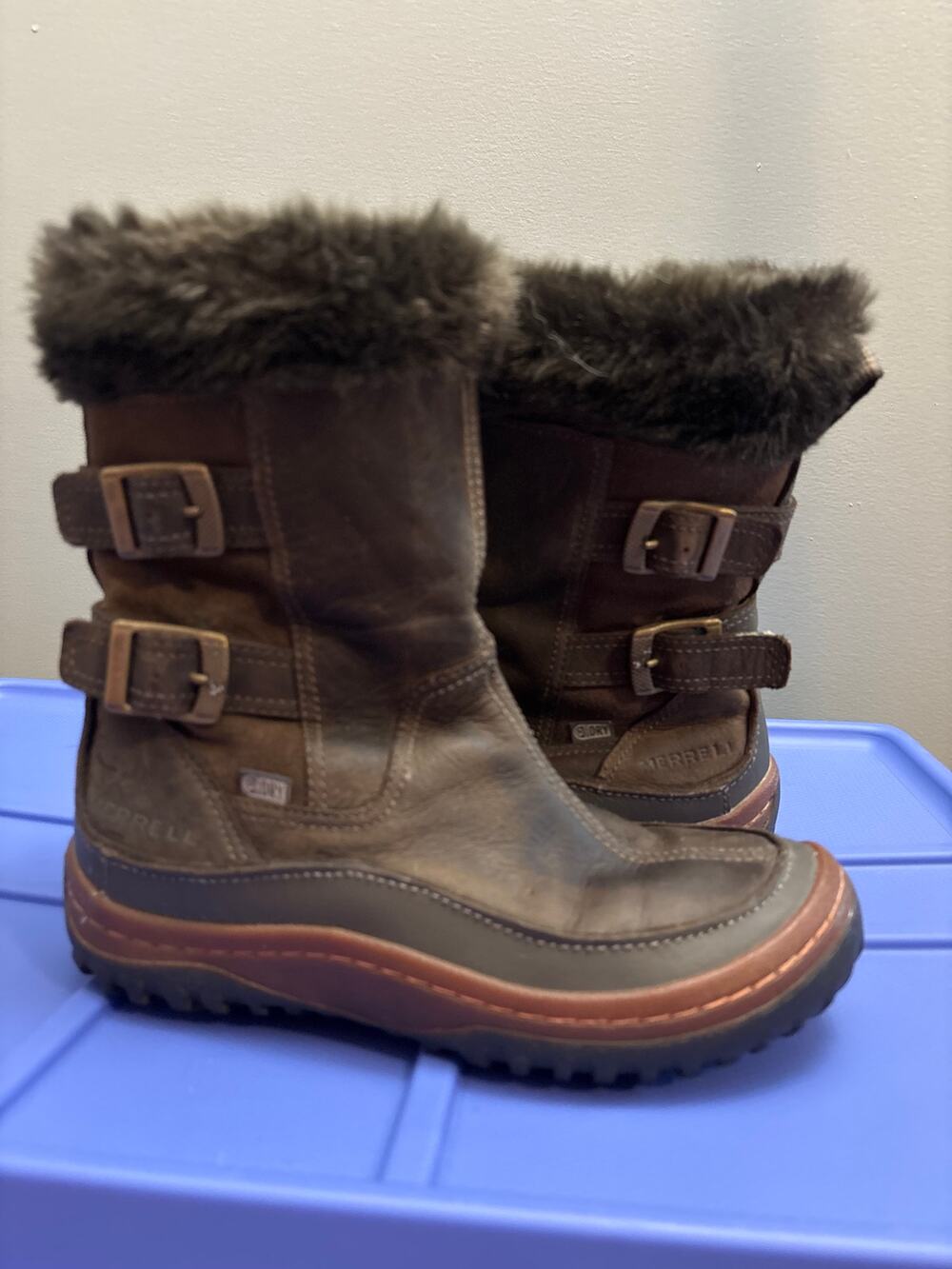 Merrell Womens Decora Chant Winter Boots Leather Buckles Side Zip Brown Size 6